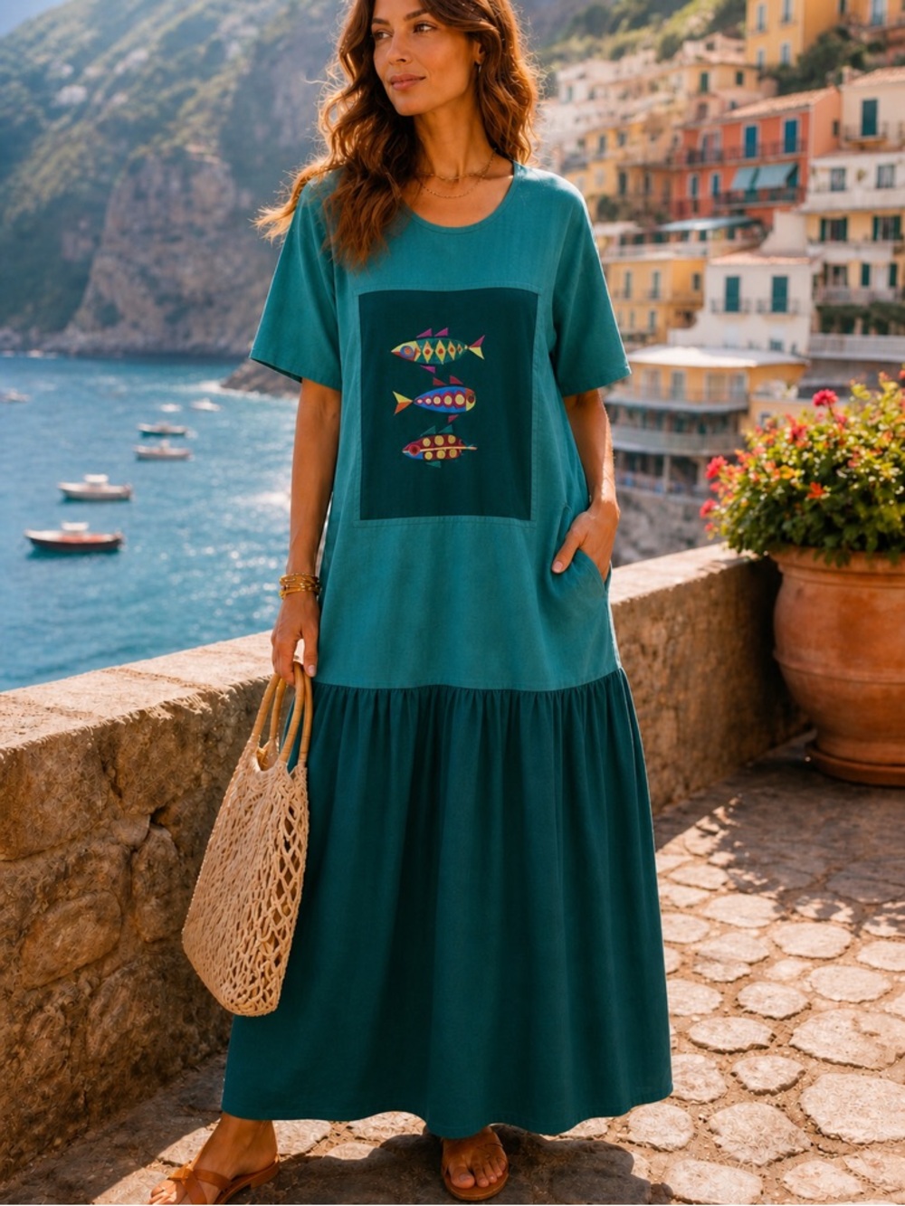 Three Fish-Embroidered Emerald Maxi Dress Johnny Was 90s VINTAGE